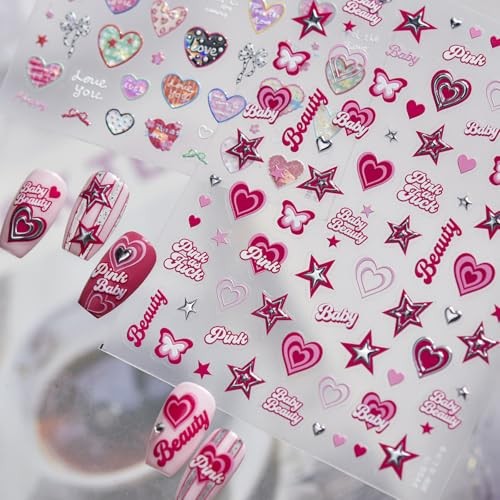 5D Embossed Pink Star Nail Stickers – Y2K Design Self-Adhesive Heart 1 Mh31