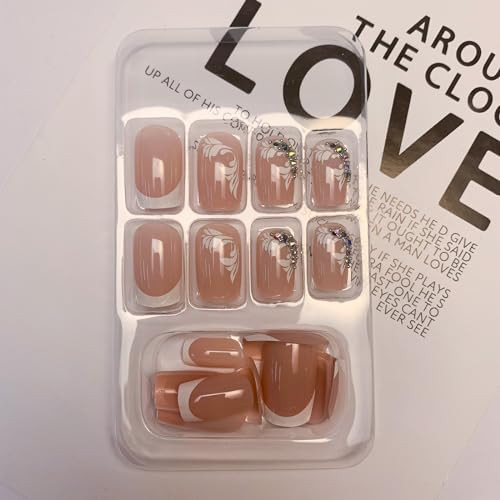 French Tip Press on Nails Medium Square Fake Nails White Lace with Style27