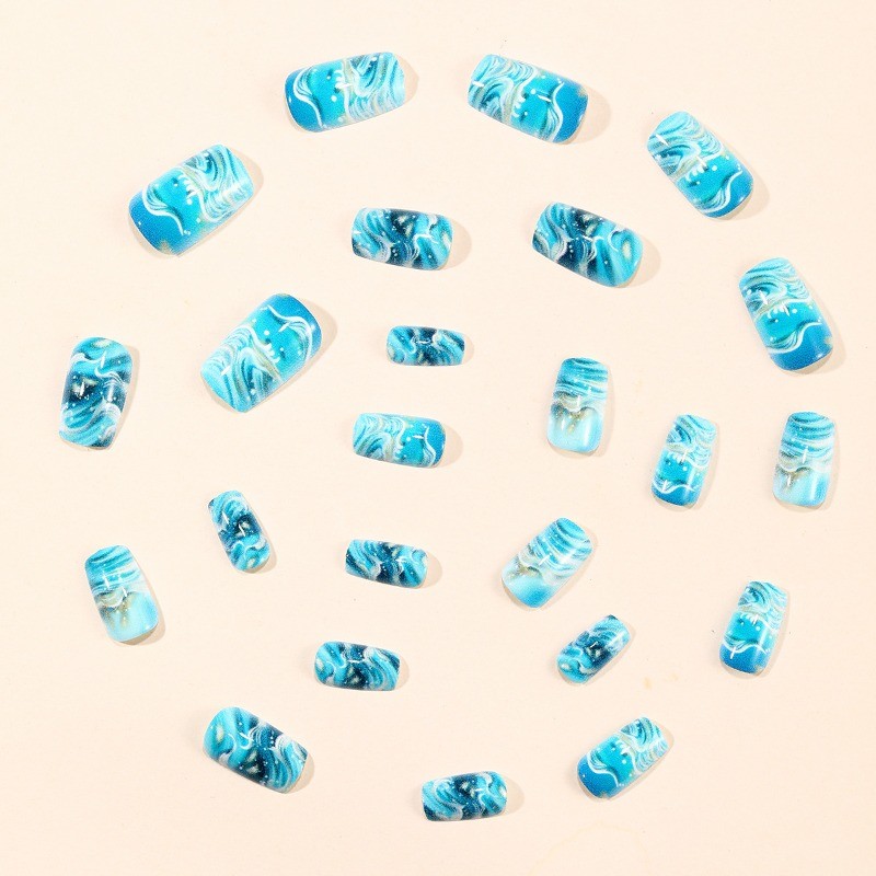 48 Pieces of European Square Light Blue Wavy Patterned Removable Fake Nails