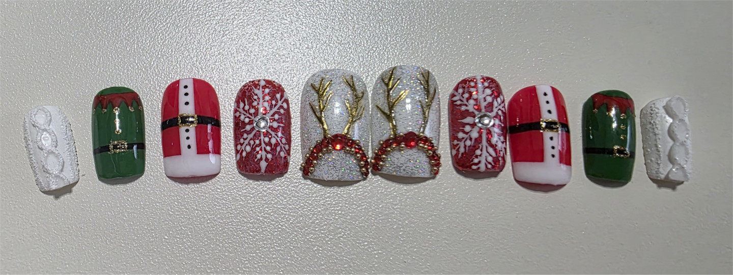 Press On Nails Winter Christmas 10 Full Cover Fake Nails Art Set Square Medium