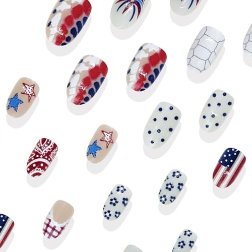 4th of July Press on Nails Short Oval Fake Nails America Flag Star Polka Dots