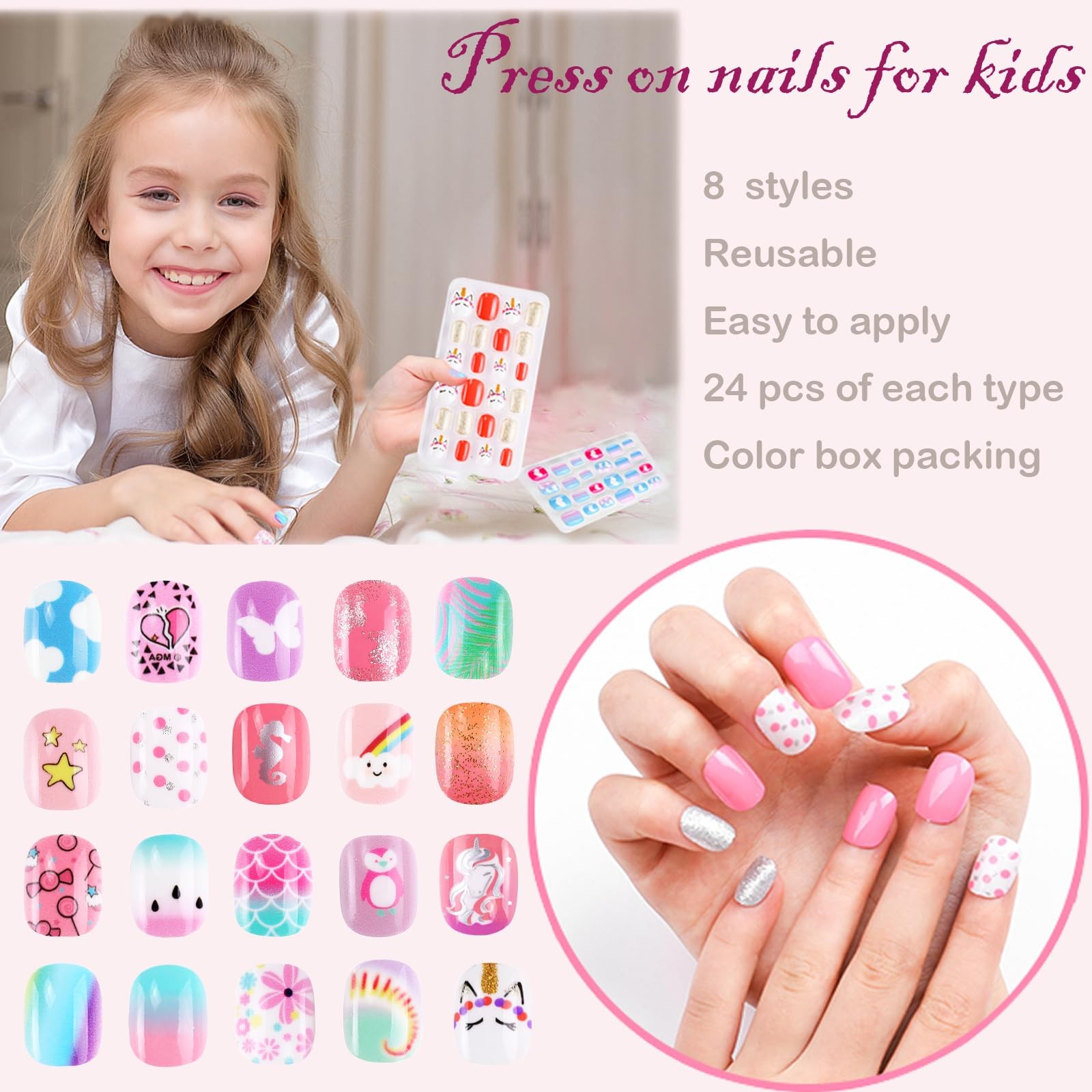Press on Nails for Kids, 192PCS Kids Press on Nails for Girls Colorful Unicorn