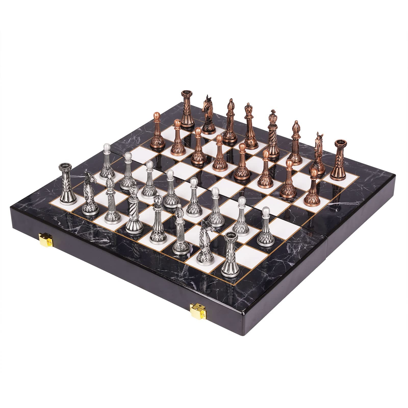 Retro Metal Chess Set for Adults 15.1 inches x inches, Bronze, Silver