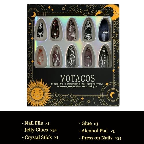 Goth Red Black Press on Nails Almond Medium Acrylic Fake Nails 04-Black Red