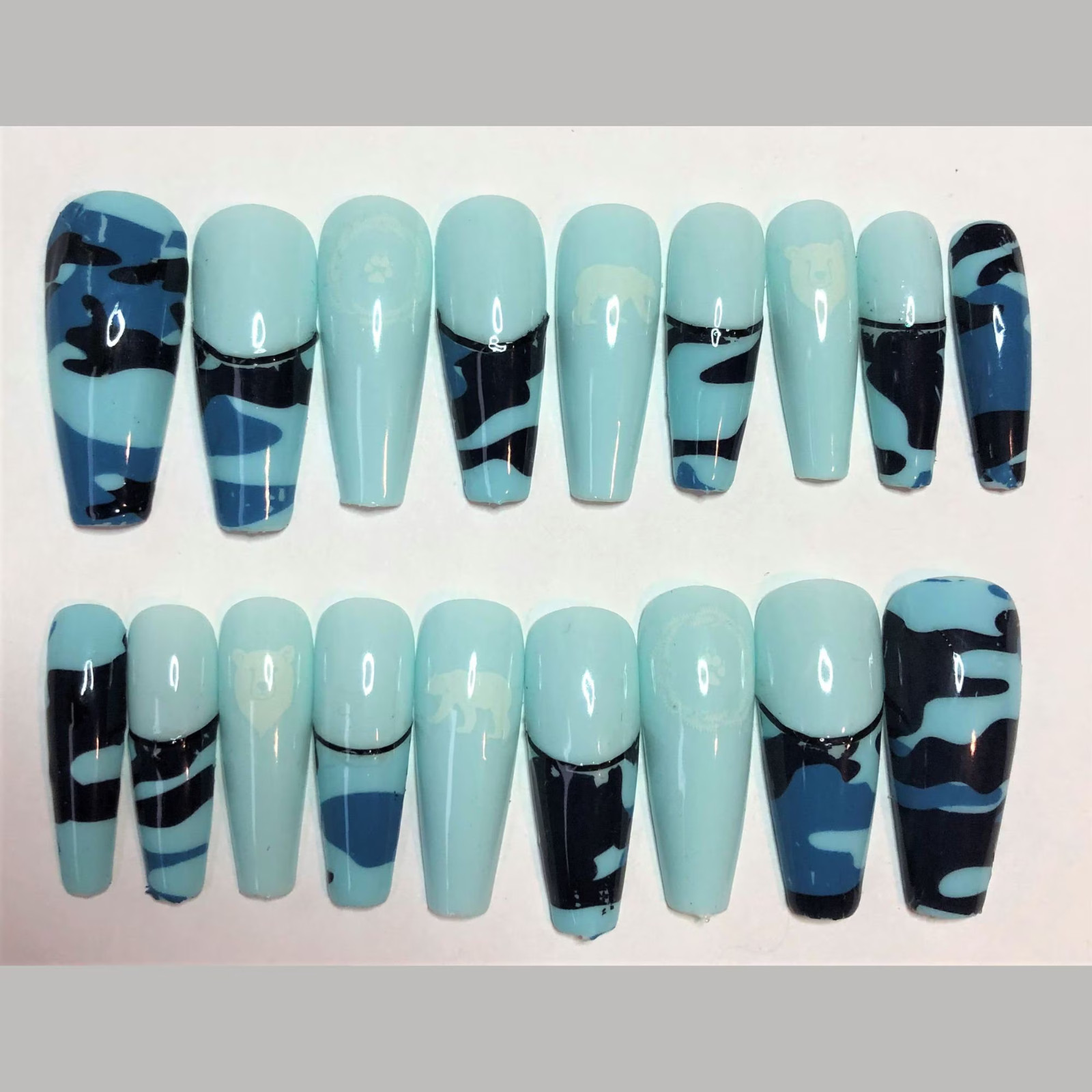 Blue Camo with Bear Press-On Nail Set – Ex-Long Ballerina (Size 0-8)