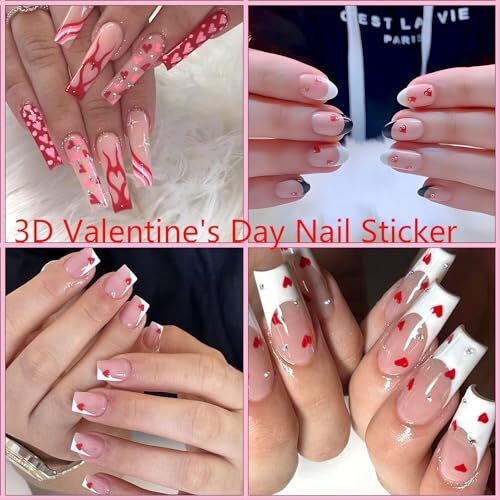 12 Sheets Valentines Nail Stickers, 3D Self-Adhesive Heart Nail Valentines-1