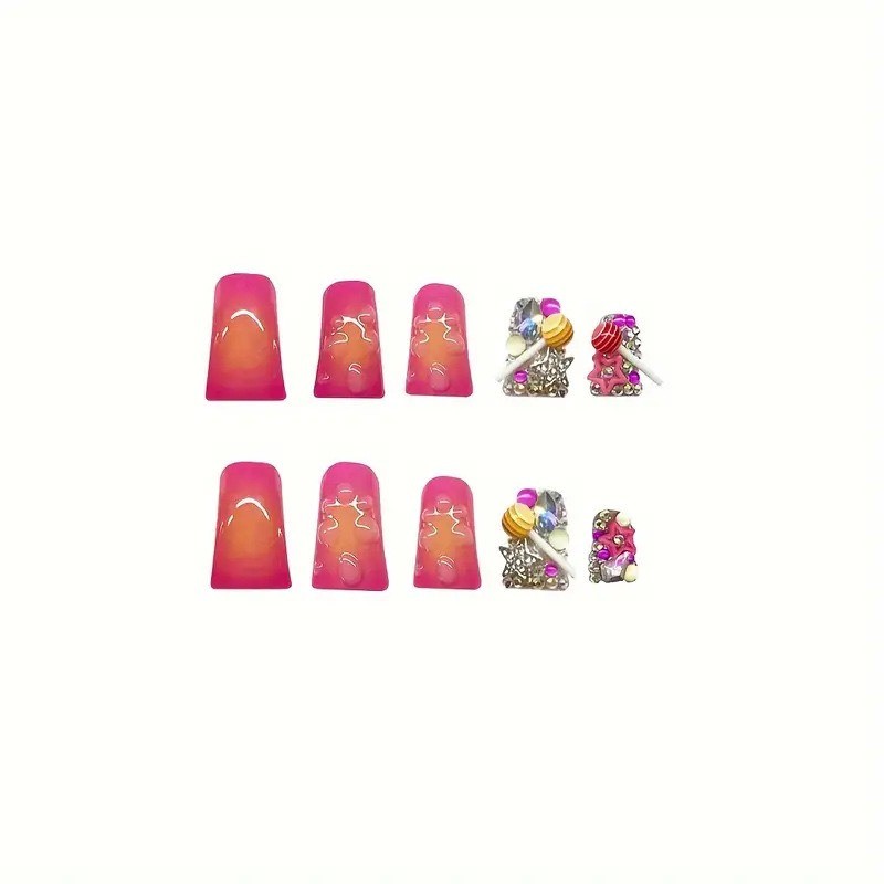 24pcs-Playful Press on Nail with 3D Lollipop Charms, Sparkle and Gradient Colors