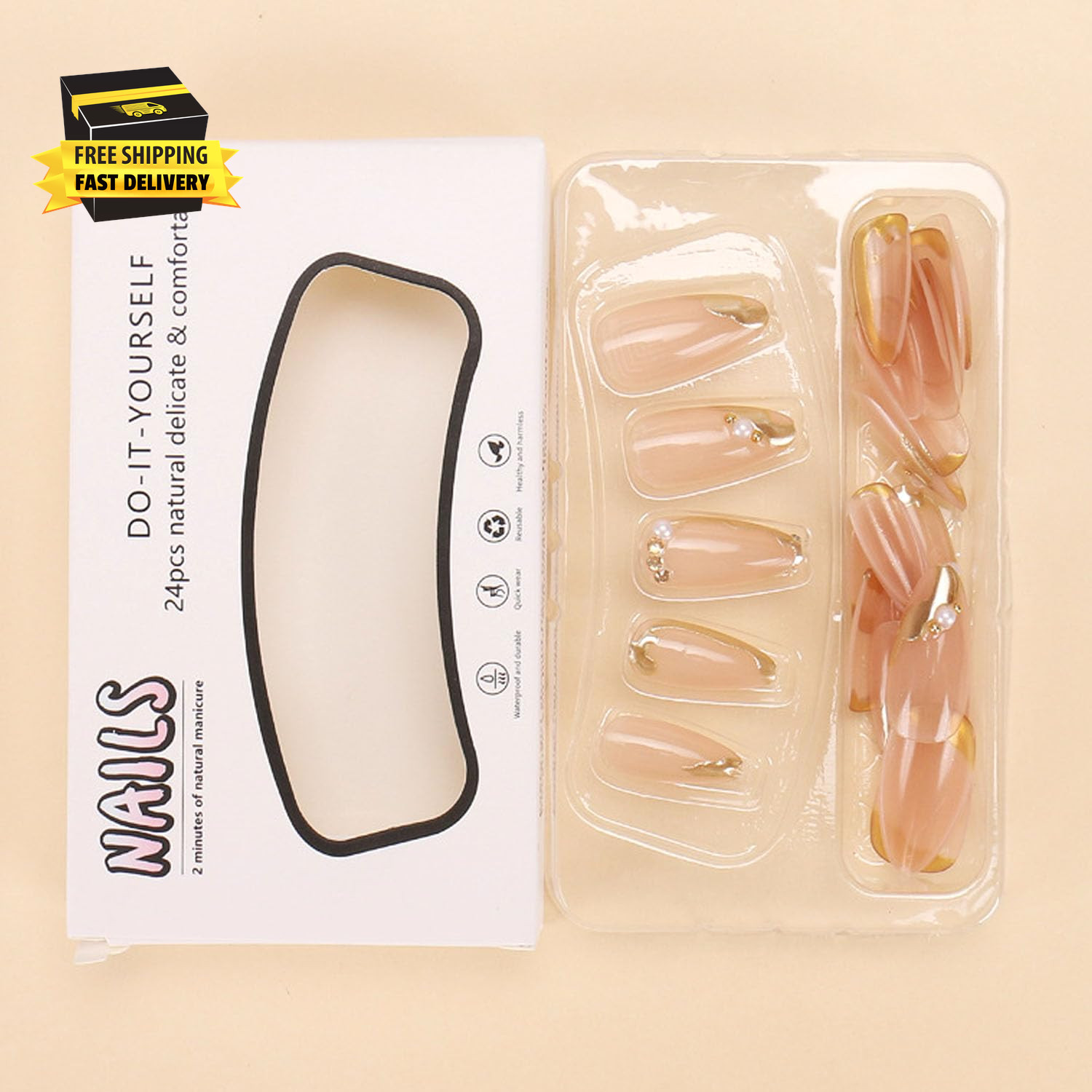 Almond Press on Nails Medium Glue on Nails Gold French Fake Nails 3D Gold Lines