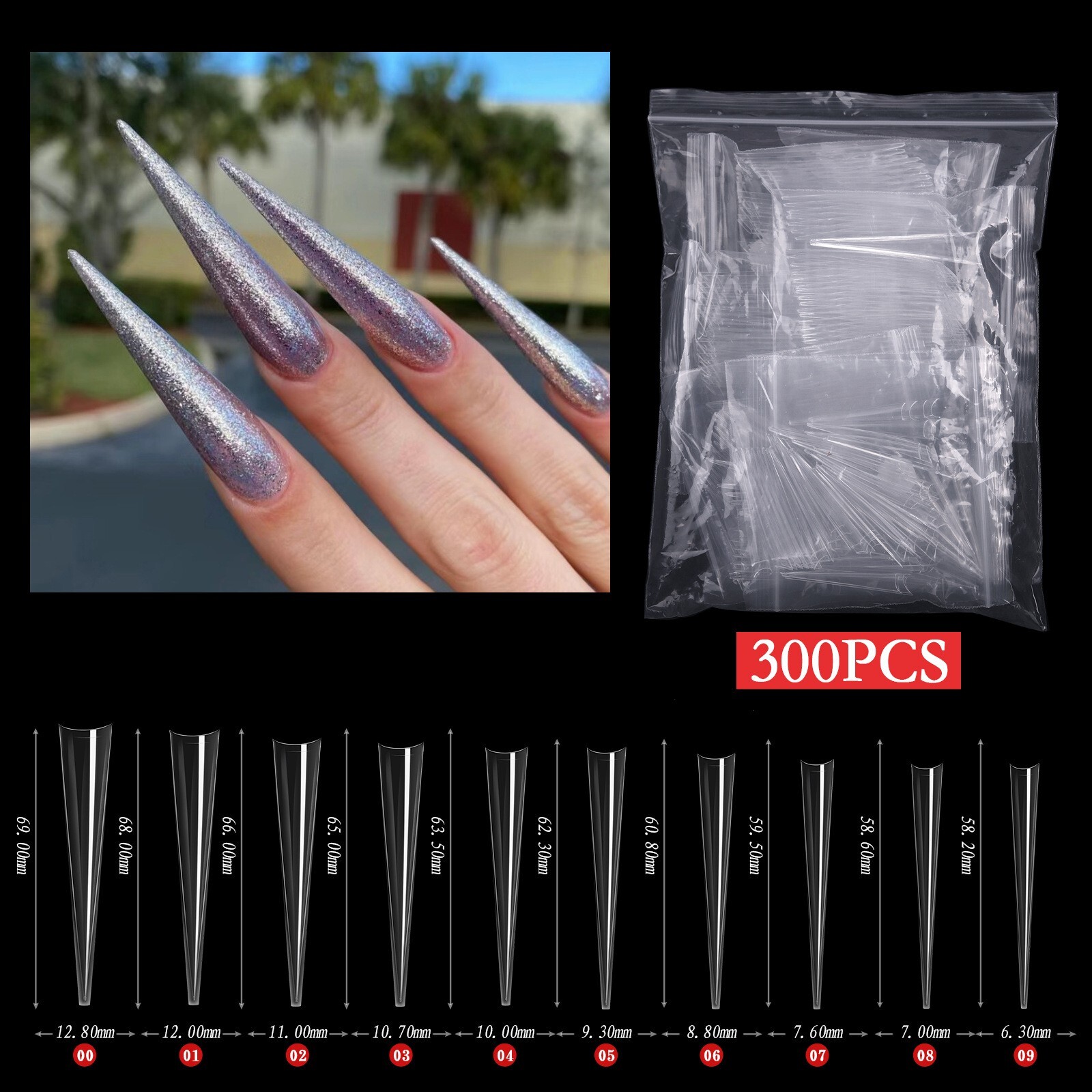 XL~XXXL False Nail Tips C Curve Stiletto Half Cover Fake Nails Finge 300/500Pcs