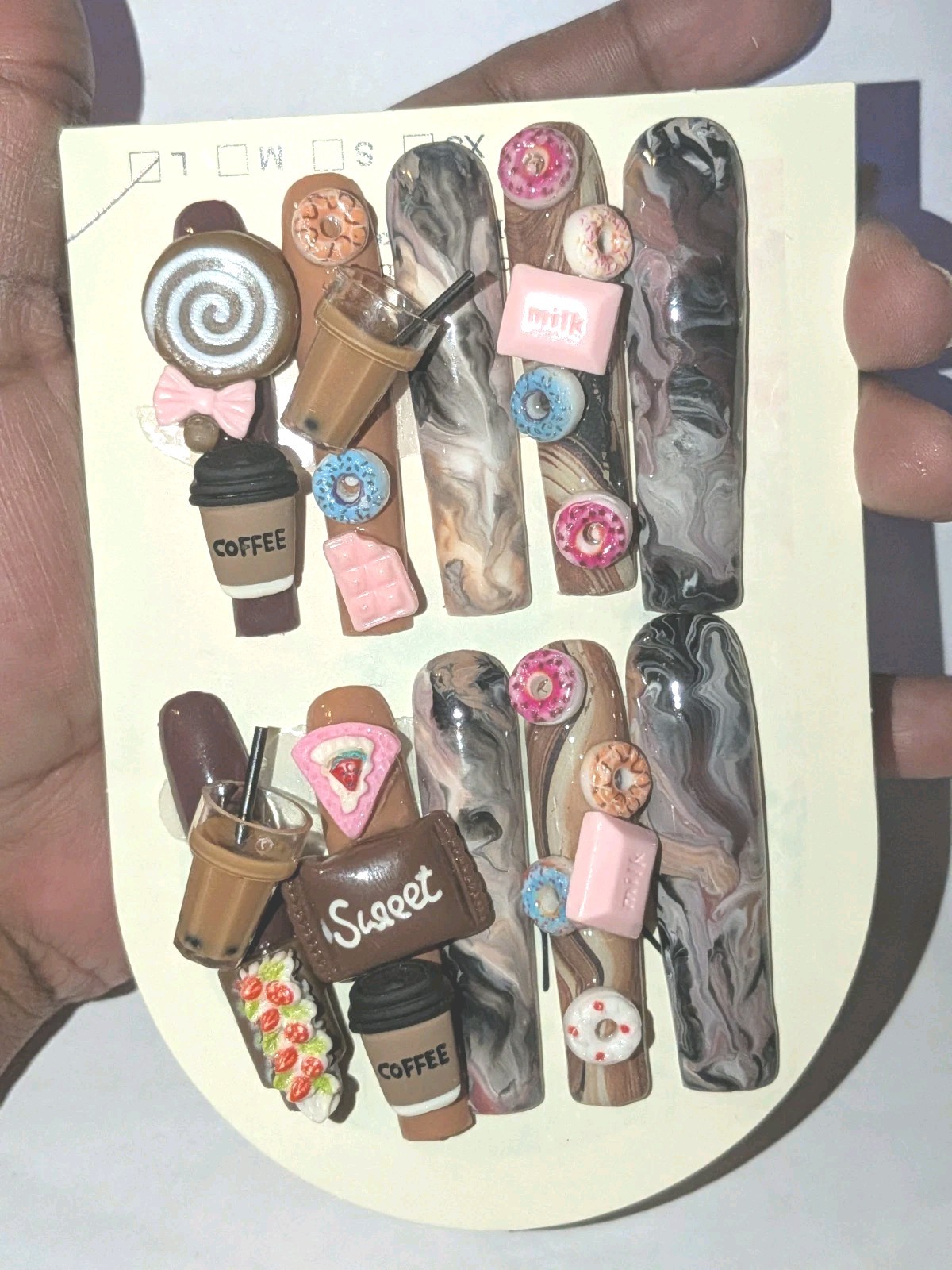 Hand Crafted 3Xl Java Marble Brown & Pink 3D Dessert Press-On Nails Sz Large