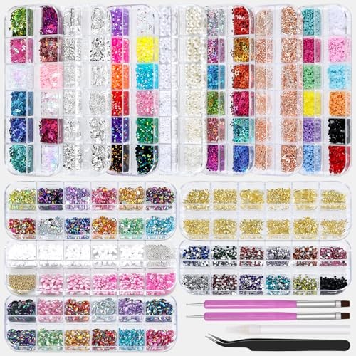 12 Boxes Nail Art Kit with Nail Charms, Gems, Rhinestones & Set 2 – 12 Boxes
