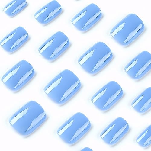 Lake Blue Press on Nails Short Square Fake Nails with Nail Glue Cute lake blue
