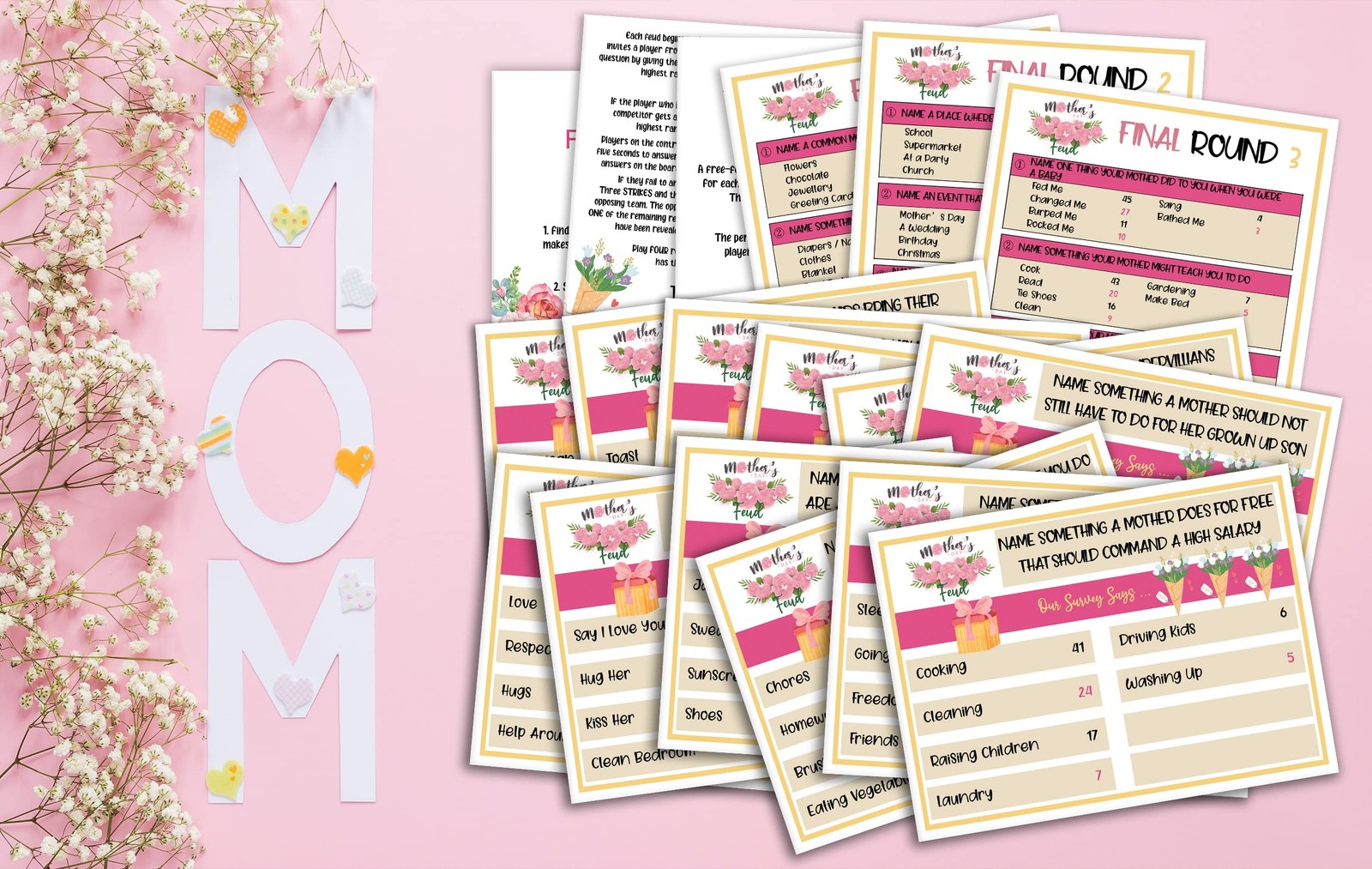 Mother’s Day Friendly Feud Quiz, Family 5×7 inches, 4×6 Pink