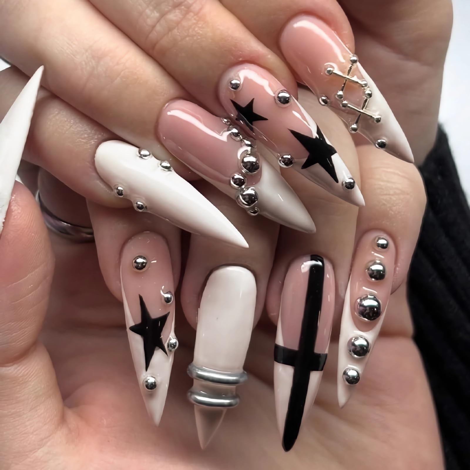 Press on Nails – Long Stiletto Fake Nails with White French Tip, Acrylic Goth…