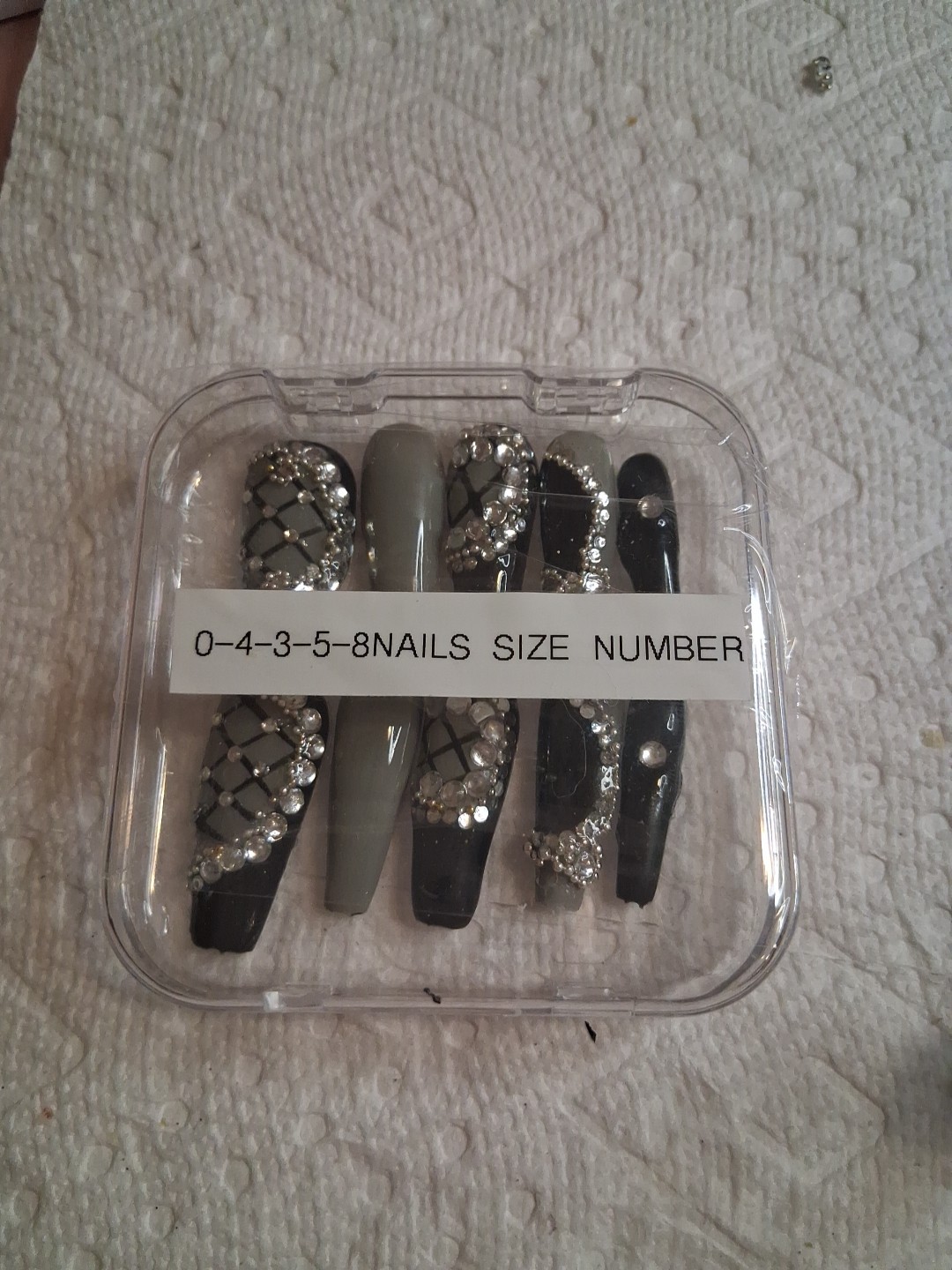 black gray silver 3D shiny long coffin press-on nails set