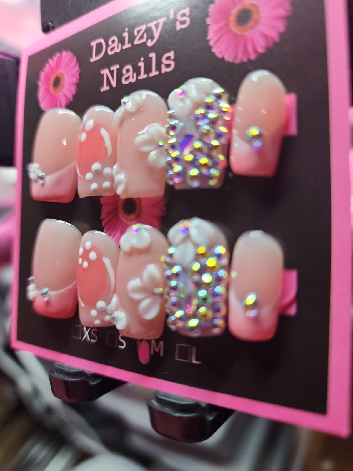 Medium Size Press-on Nail 10Pc Set Handmade Squoval Pink 3D Bling 2.0 Cm Length