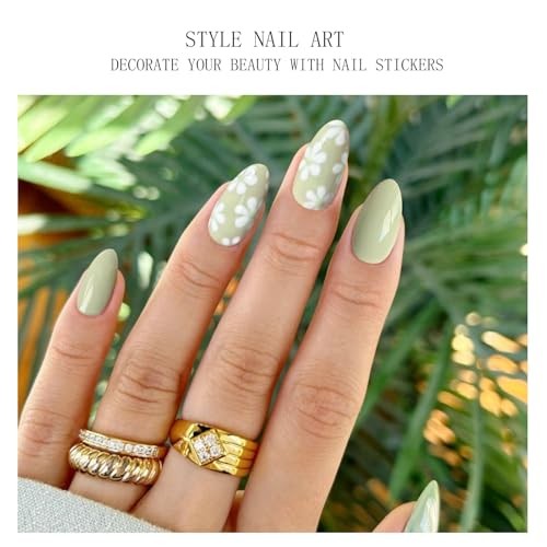 Gel Nail Stickers White Flower Light Green Semi Cured Gel Nail Strips Wraps