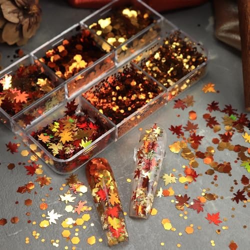 1 Box 6 Color Holographic Hexagonal Nail Glitter Fall Maple Leaf Nail YHN31