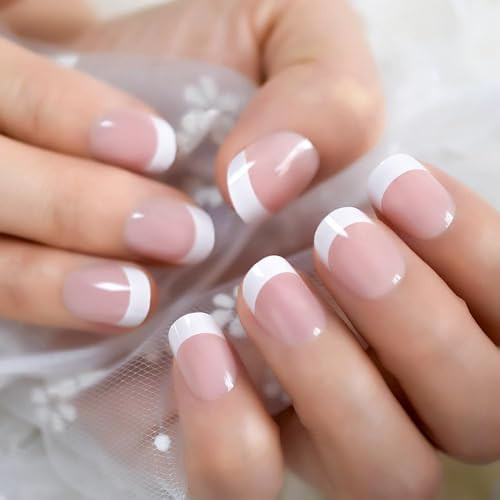 Natural Glossy Nude Pink White Press on French False Nails Nude Pink with white