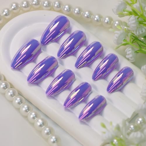 Almond Press on Nails Medium Fake Nails with Glossy Nails Chrome Aurora Designs
