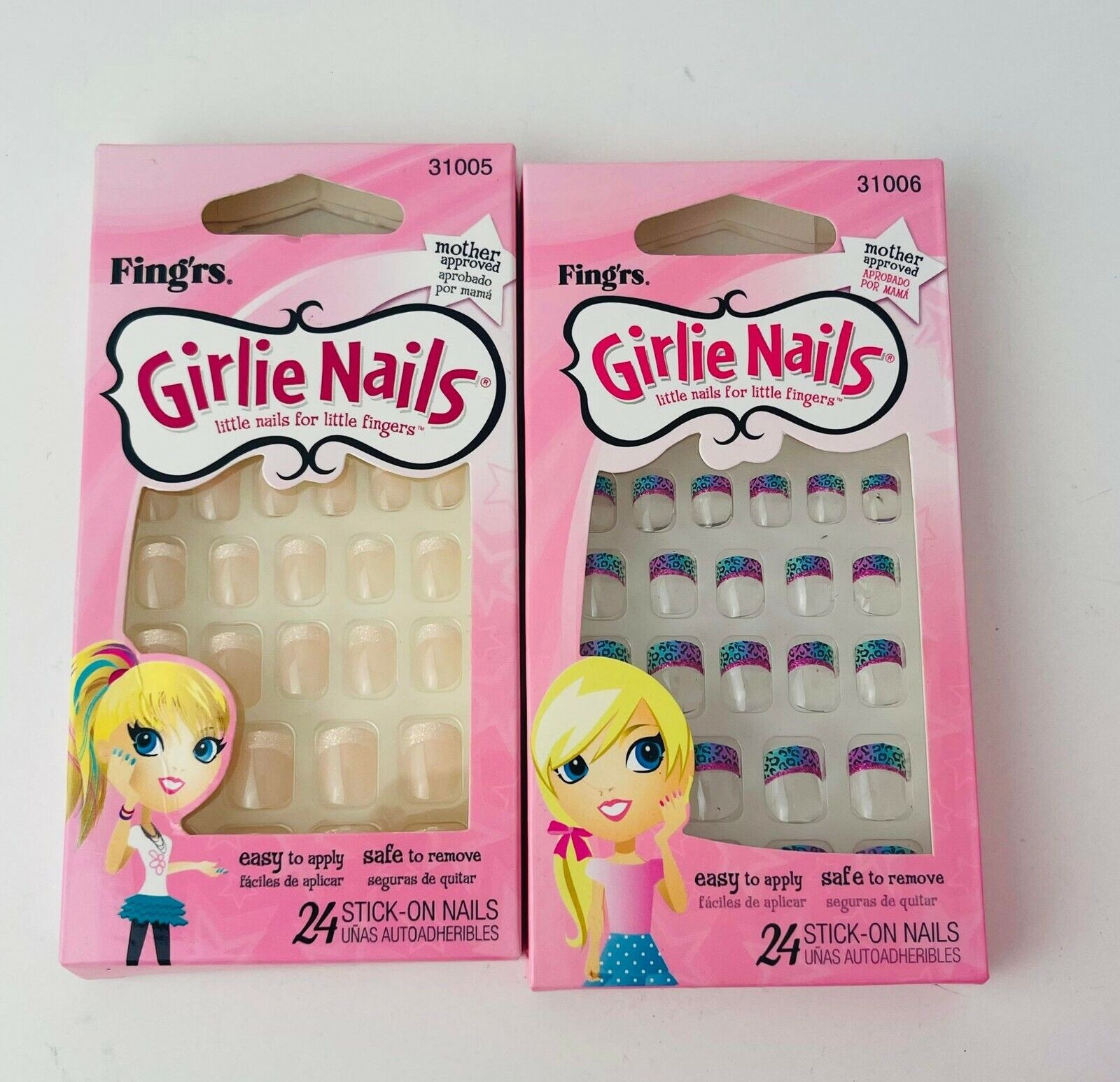 Lot of 2 Fing’rs Girlie Nails 24 Stick- On Nails For Ages 5+ Combo 31005 & 31006