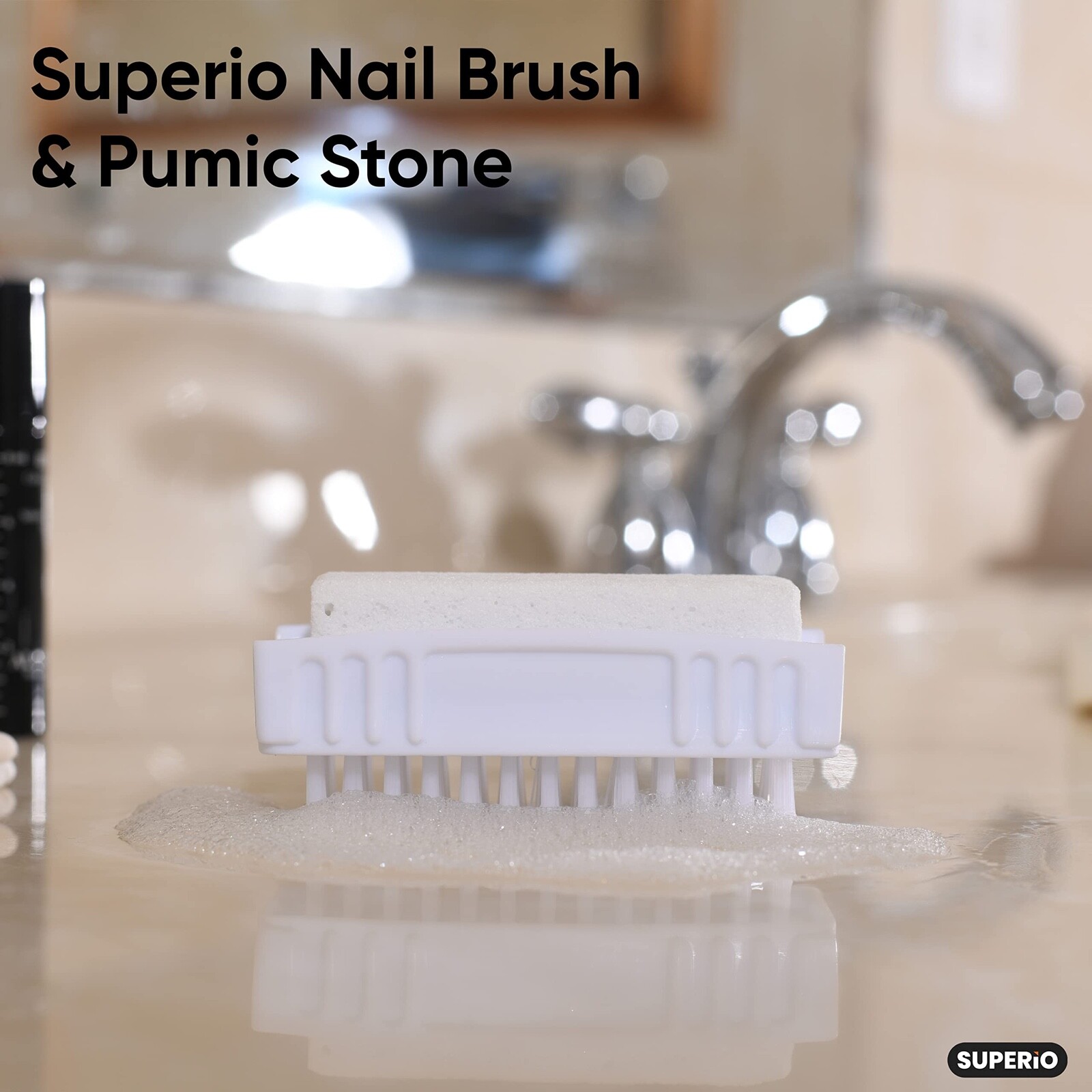 Superio White Pumice Stone Brush and Nail Brush, Dual Side, Stiff Bristles