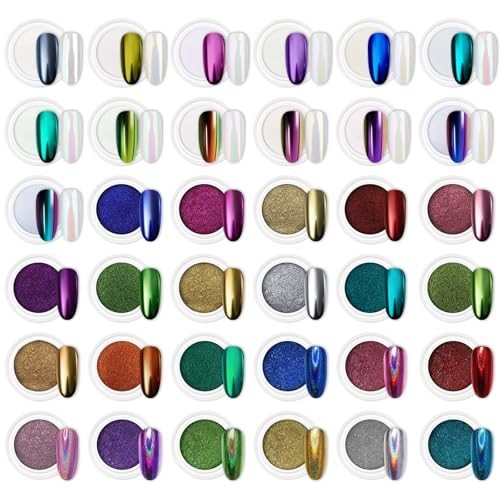 36 Jars Chrome Nail Powder Kit – White Pearl, Silver Metallic, Holographic Dip f