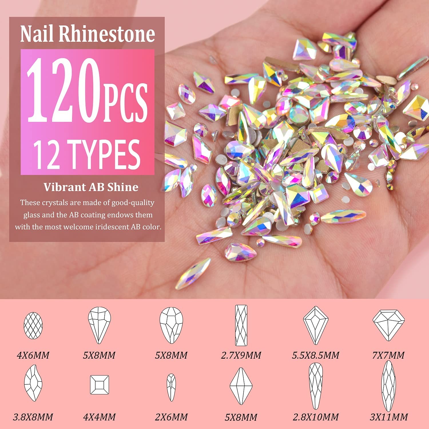 Multi Shapes 3D Glass AB Crystal Nail Art Rhinestones Kit with Flatback Round…