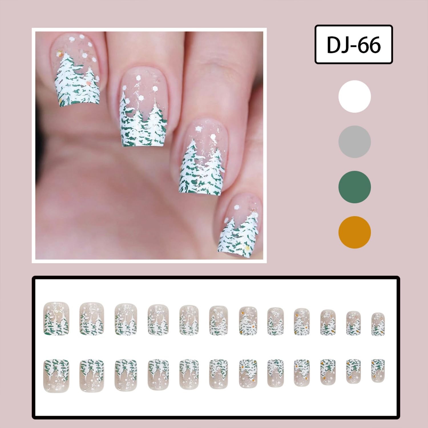 Christmas Press on Nails Short Square Fake Nails Christmas Tree French Tip Fa…