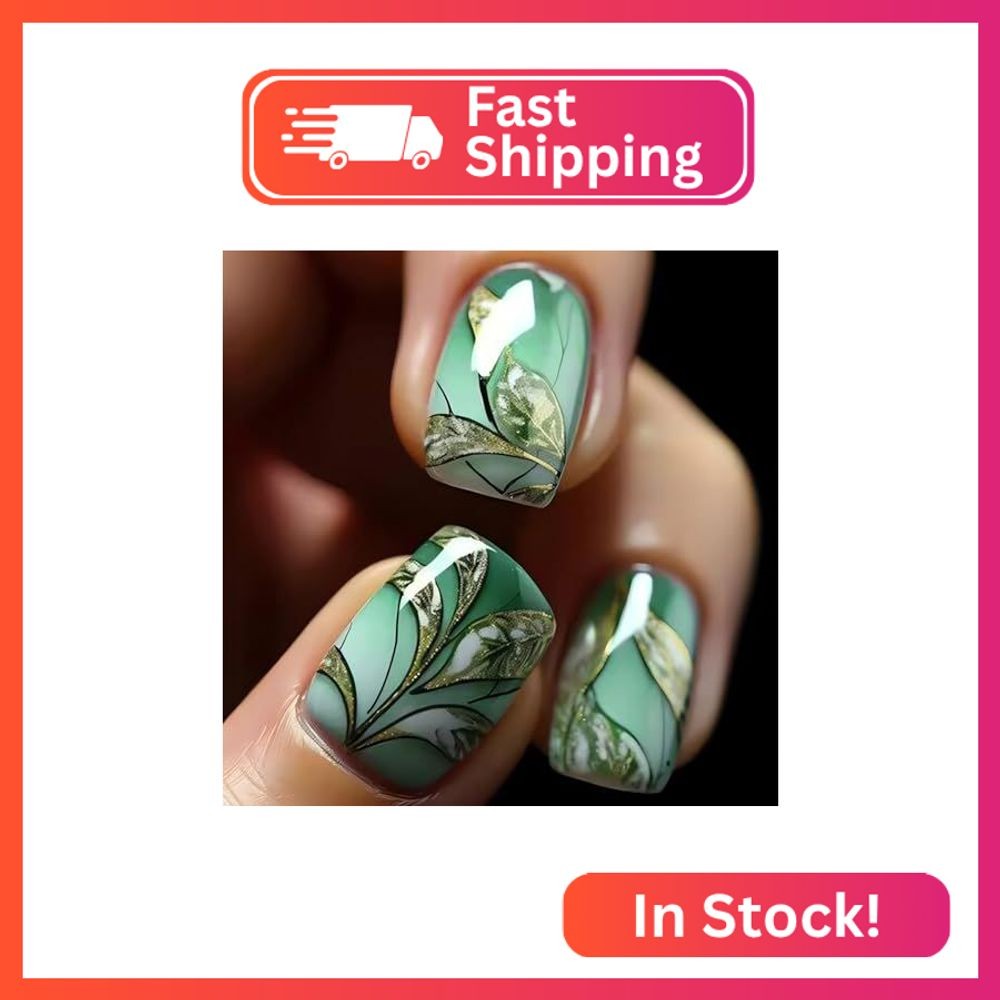 Green Flower Press on Nails Short Square Fake Nails Gradient Green Glue on Nails