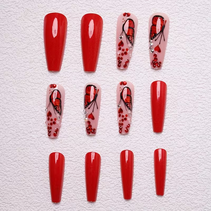 24pcs Red Ballet Press-On Nails, Long, Glossy, Colorful Butterfly Design, Summer