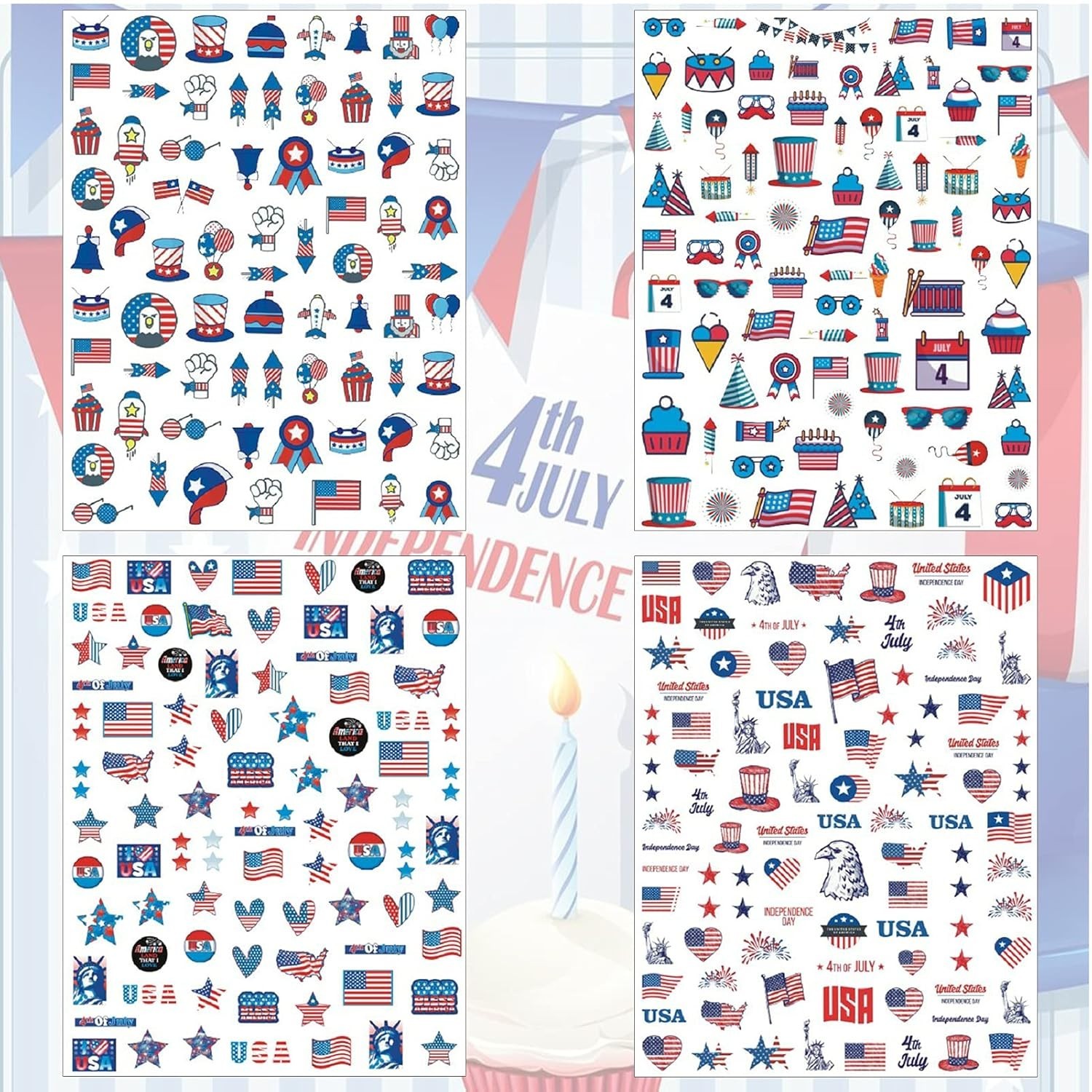 12 Sheets 4th of July Nail Decals Stickers, Self Adhesive Independence Day Pa…