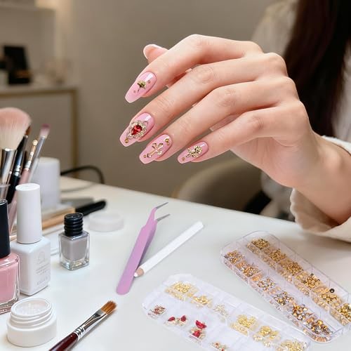 Gold Nail Charms and Nail Gems with 4 Boxes of Rhinestones 3D Metal for Nail