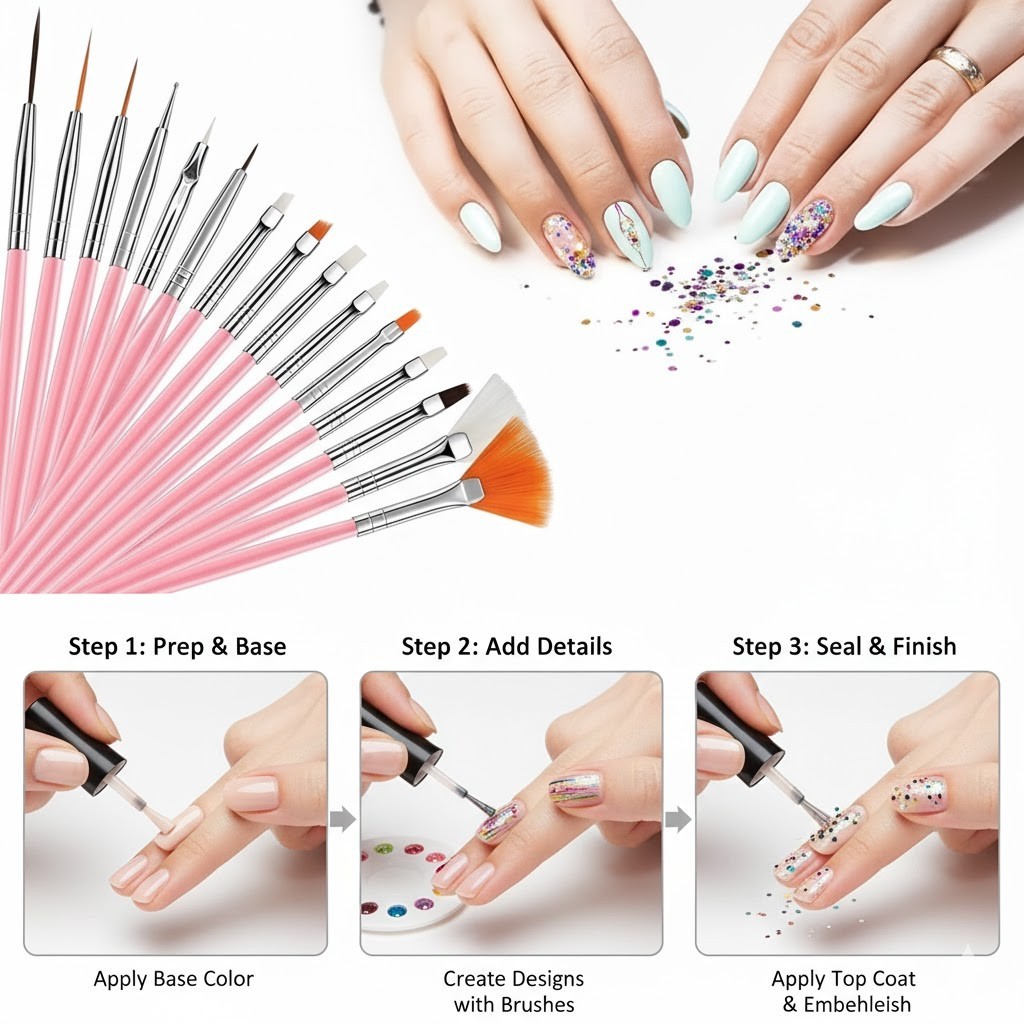 15Pcs Nail Art Brushes Set Gel & Acrylic Dotting Pens Painting and Manicure UK