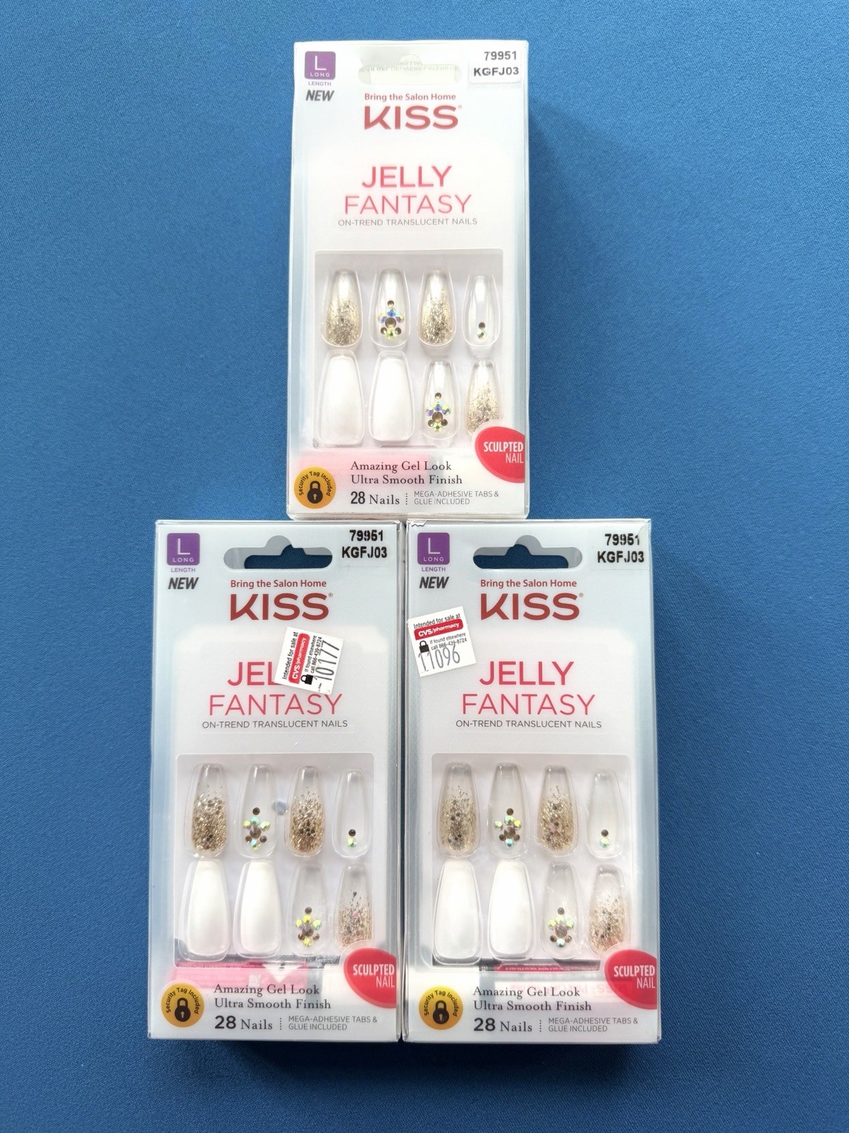Kiss Jelly Fantasy Glue-on Manicure Nails Long Translucent 79951 New in Box X3