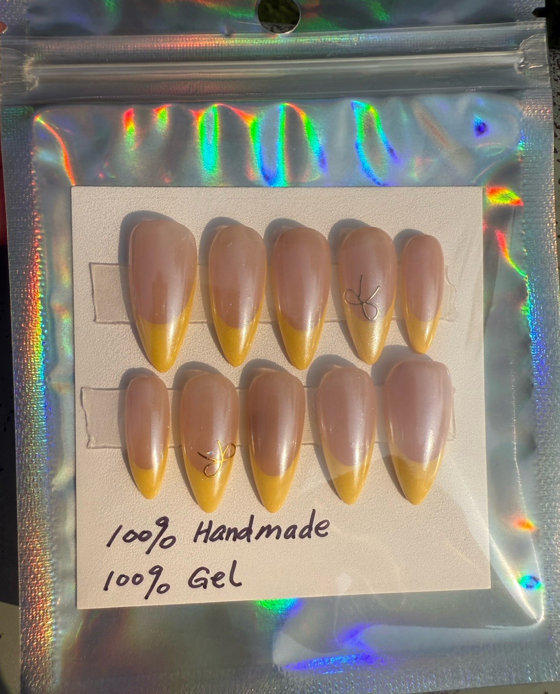 Handmade 10ps gel Press on Nails,Yellow French tip w chrome size Medium
