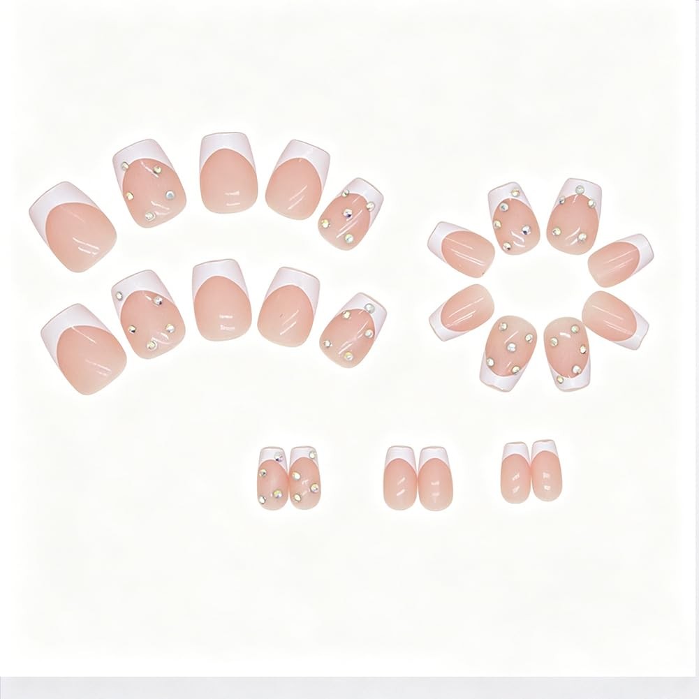24Pcs Short Square Press On Nails – Bare Reusable Acrylic French Tip Fake Nai…