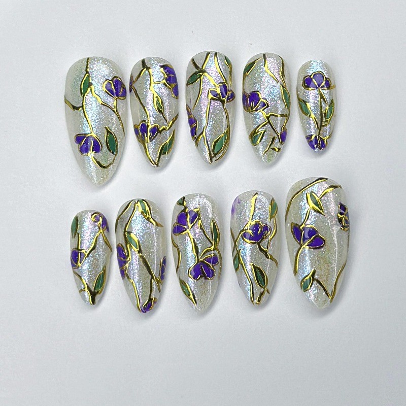 Custom Pure Handmade Nails Silver Shimmer Purple Flower Gold Line Manicure