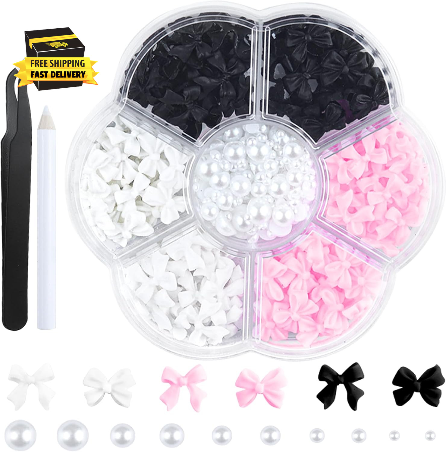 300Pcs 3D Bow Nail Charms and Flatback Pearls Set,Black White Pink Bowknot,Bow-K