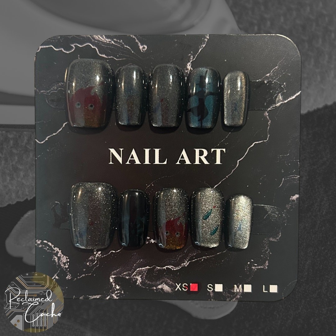 Shimmery Black/Dark Gray Cartoon Short Square Nails – Size Extra Small (XS)