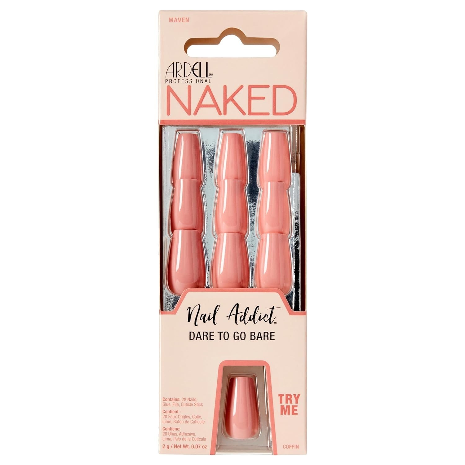 Ardell Nail Addict Naked Maven, Press On Nails, Medium Coffin Shape, Nail Kit, 1