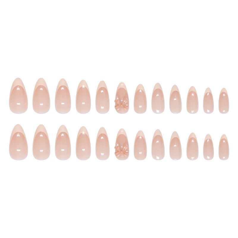 48P-Nude Almond Press on Nails Pale Pink French Tip 3D Pink Bow Sweet Fake Nails