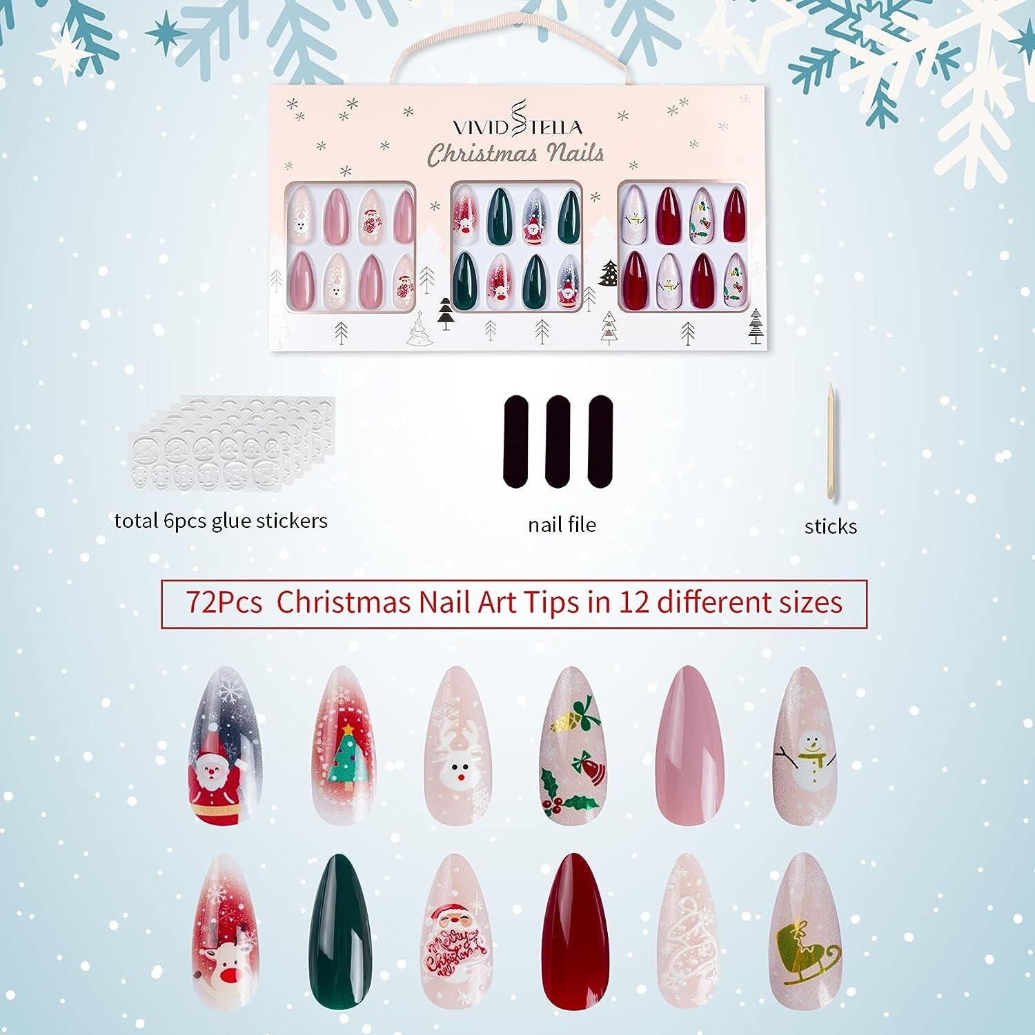 Vivid Tella 72Pcs Christmas Nails Snowflake Almond Press on Santa Claus Elks Glo