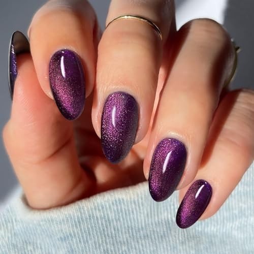 Gel Nail Stickers Deep Purple Cat Eye Semi Cured Gel Nail Strips Wraps UV/LED