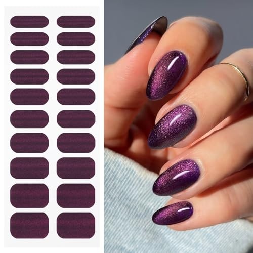 Gel Nail Stickers Deep Purple Cat Eye Semi Cured Gel Nail Strips Wraps UV/LED