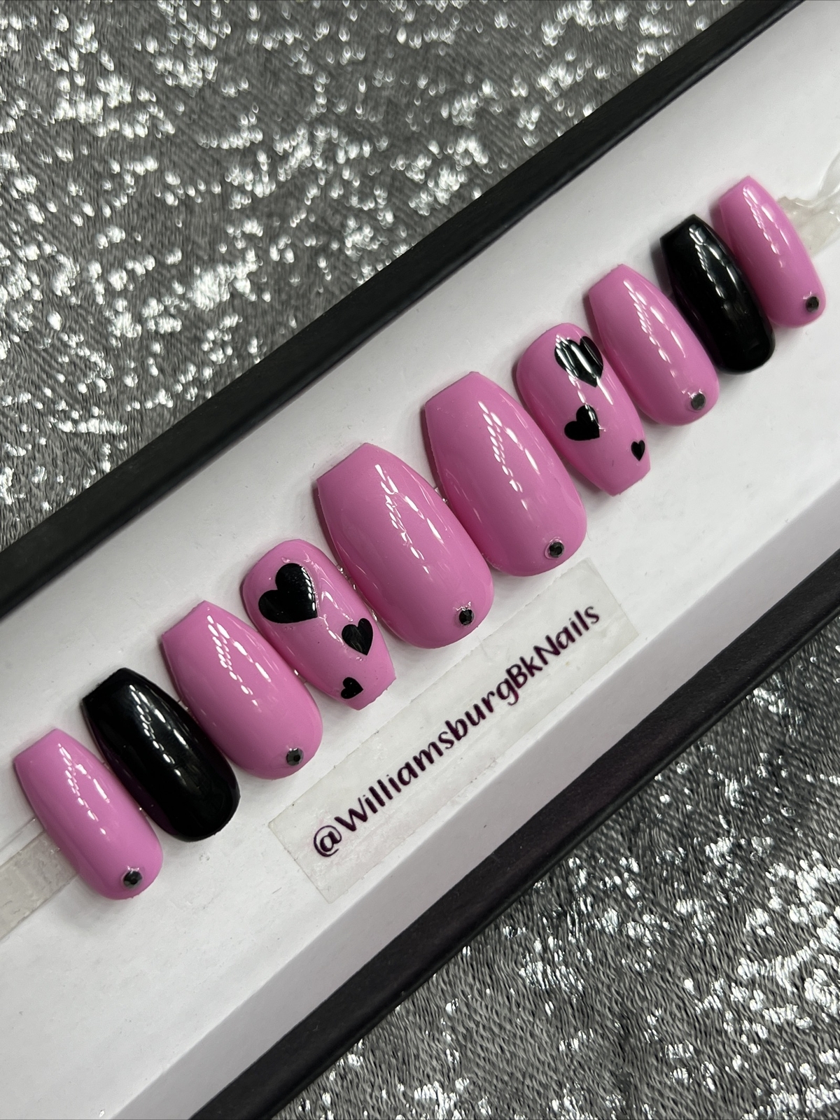 🖤 CUSTOM Gel Press On Nails, HOT PINK W BLING ,Coffin Short ,10p Set W/ kit NEW