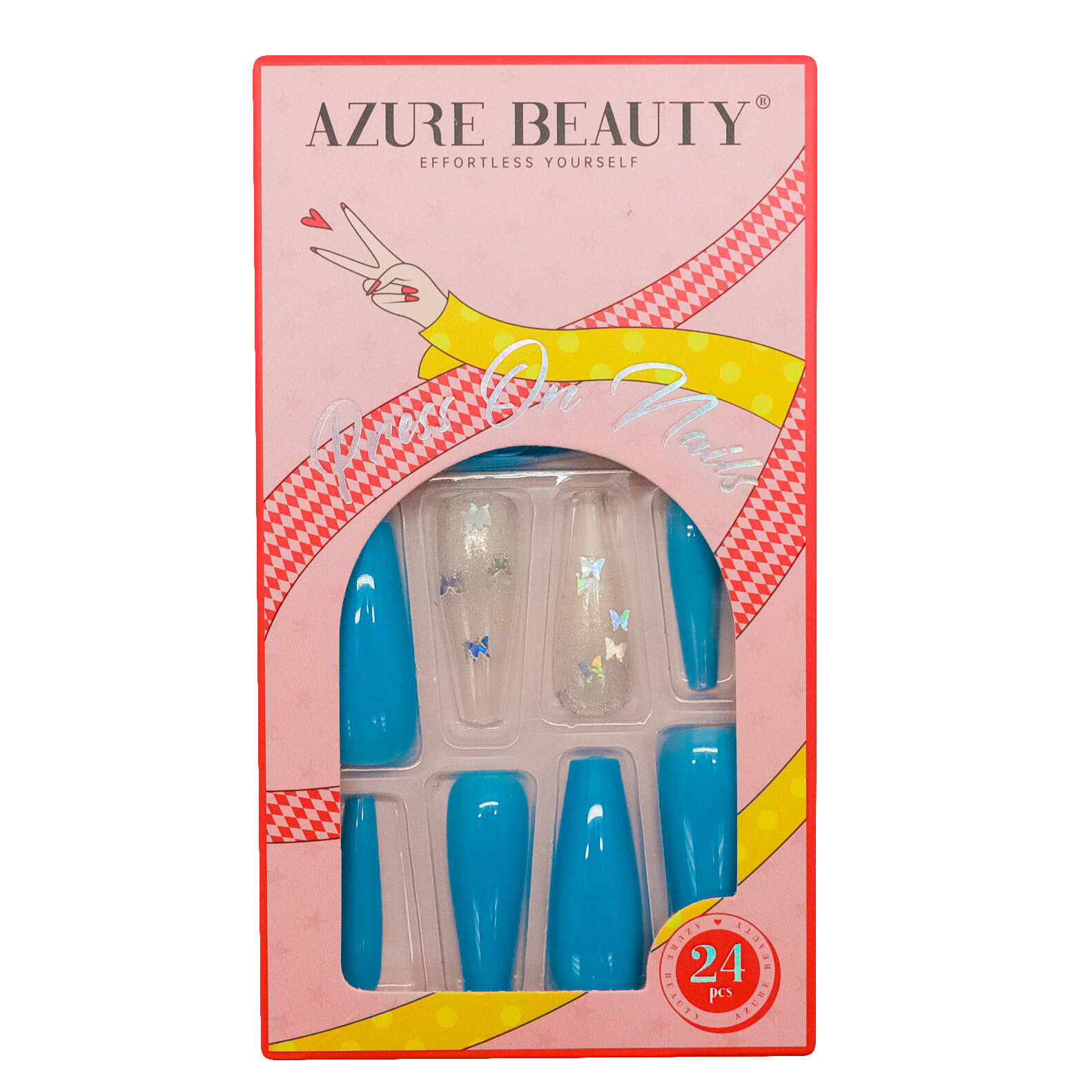 3 Pack x 24 ABS Press On Nails Pink Yellow Blue w/ Designer Butterflies 9 Sizes