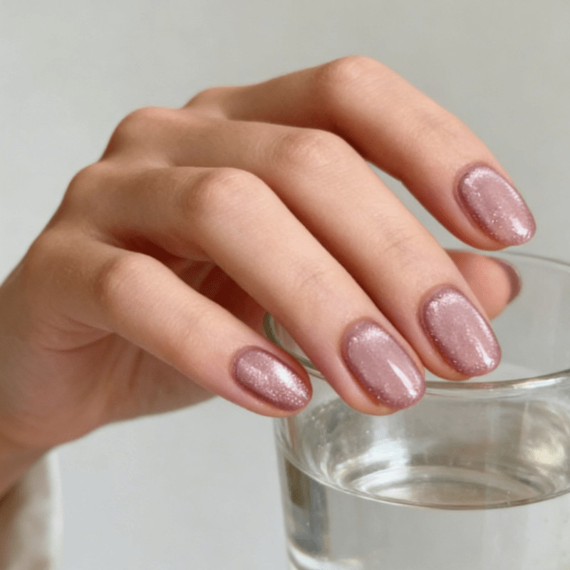 48 Pcs Pink Cat Eye Glitter Oval Press on Nails, Minimal Elegant Fake Nails