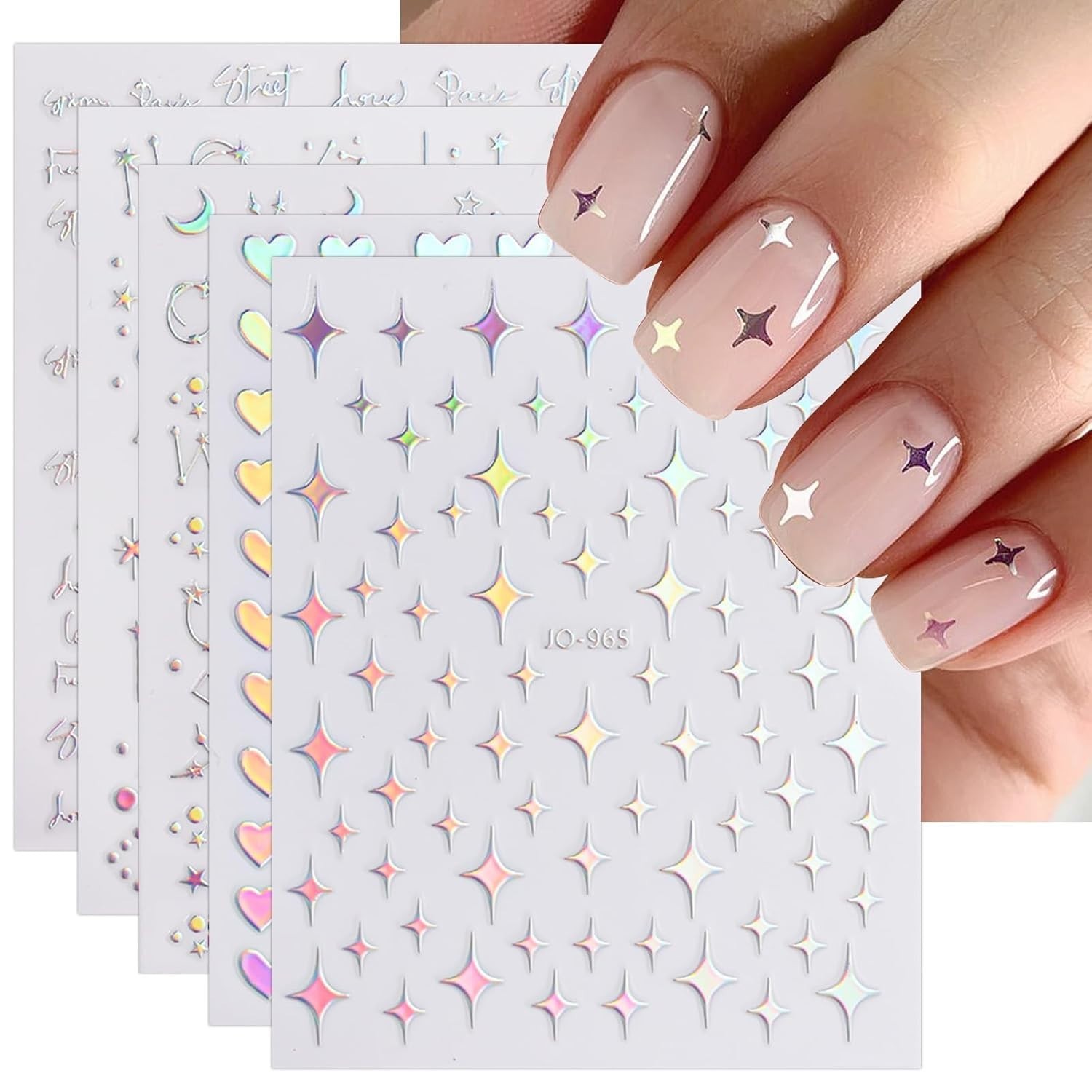 12 Sheets Nail Art Stickers Decals Glitter Holographic Star Heart Design Nails