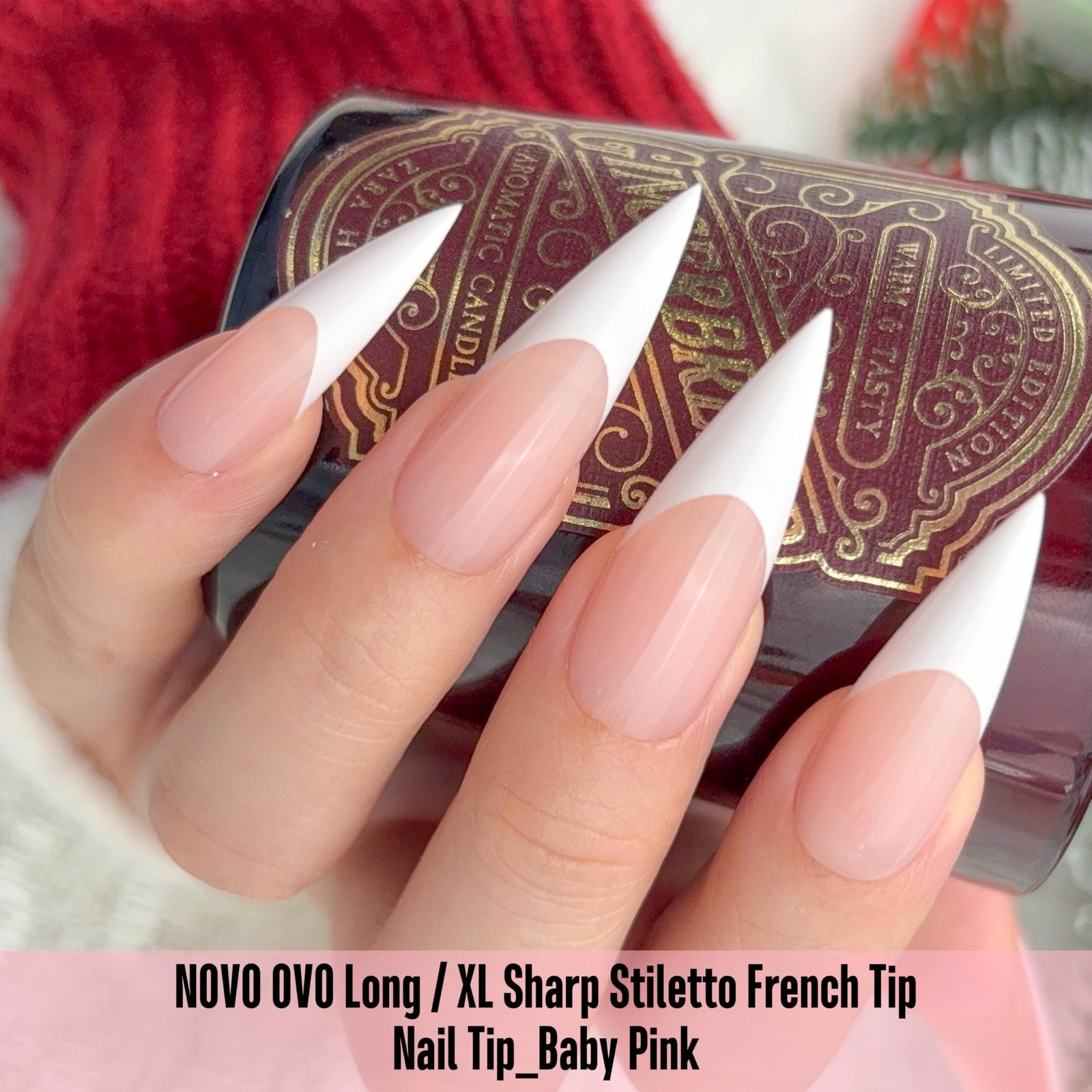 White French Tip Long XL Sharp Stiletto Nail Tips Press on BABY PINK, Soft Ge…